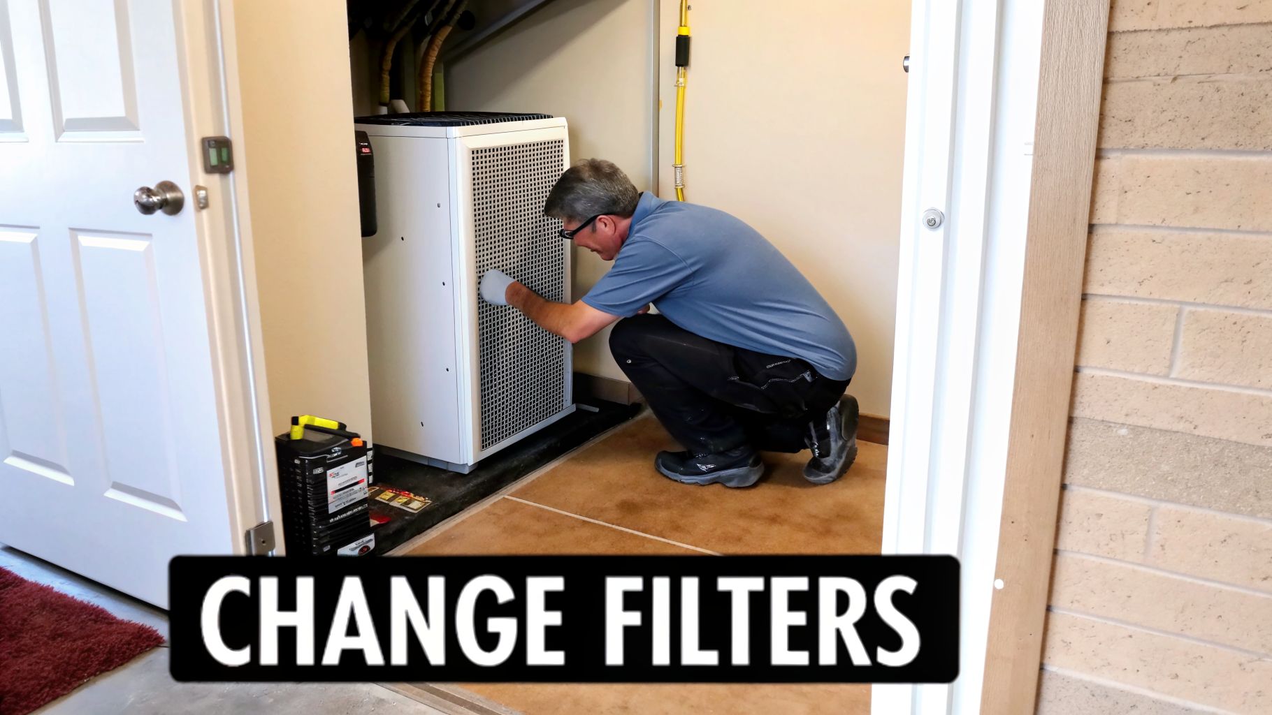 A man wearing gloves changes filters on a home ventilation unit, demonstrating routine maintenance.