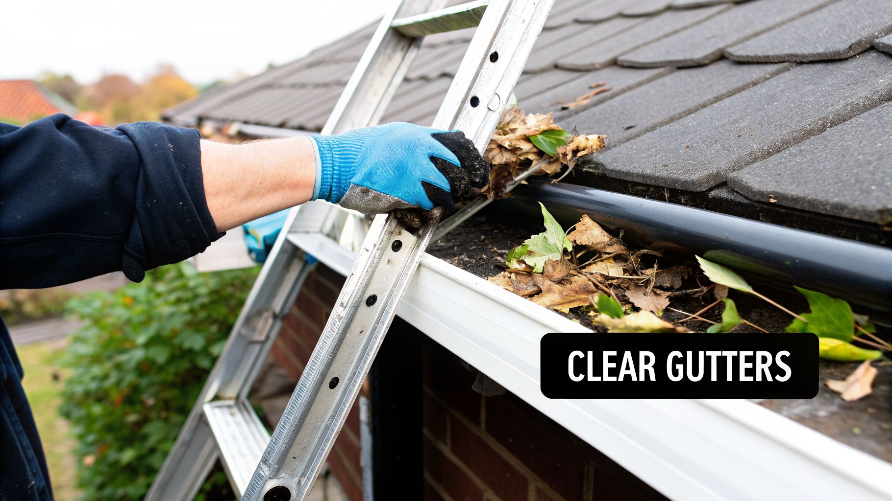 A person's gloved hand, on a ladder, cleaning wet leaves and debris from a house rain gutter.
