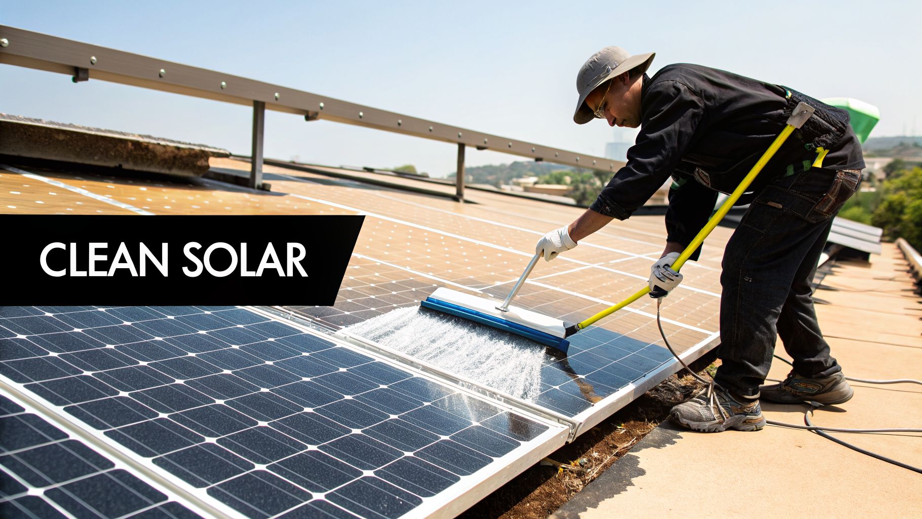A person in a hat and gloves cleans a solar panel array on a sunny rooftop.