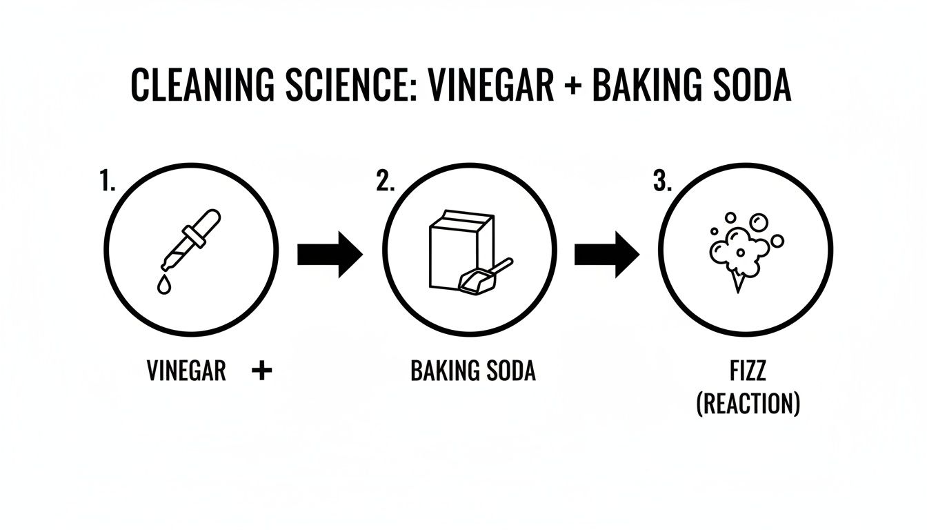 A diagram illustrates the cleaning science of mixing vinegar and baking soda to create a fizzing reaction.