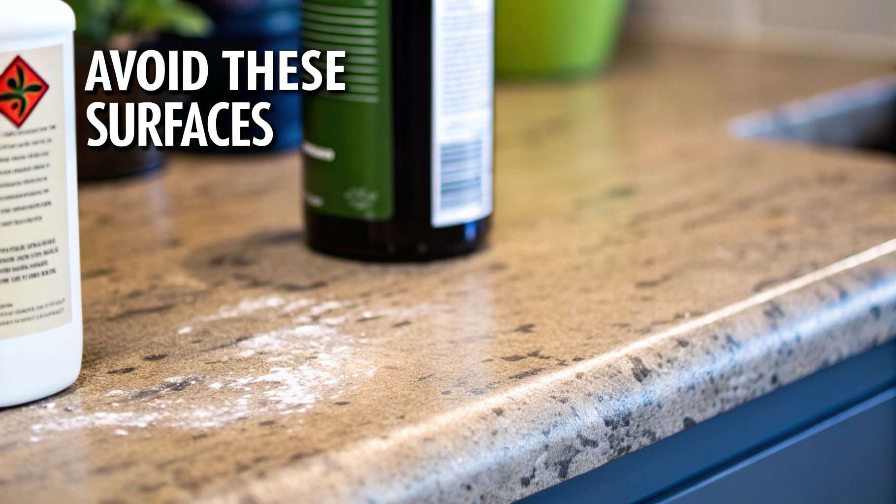 White powder spilled on a speckled kitchen countertop next to cleaning bottles, with a warning to avoid certain surfaces.