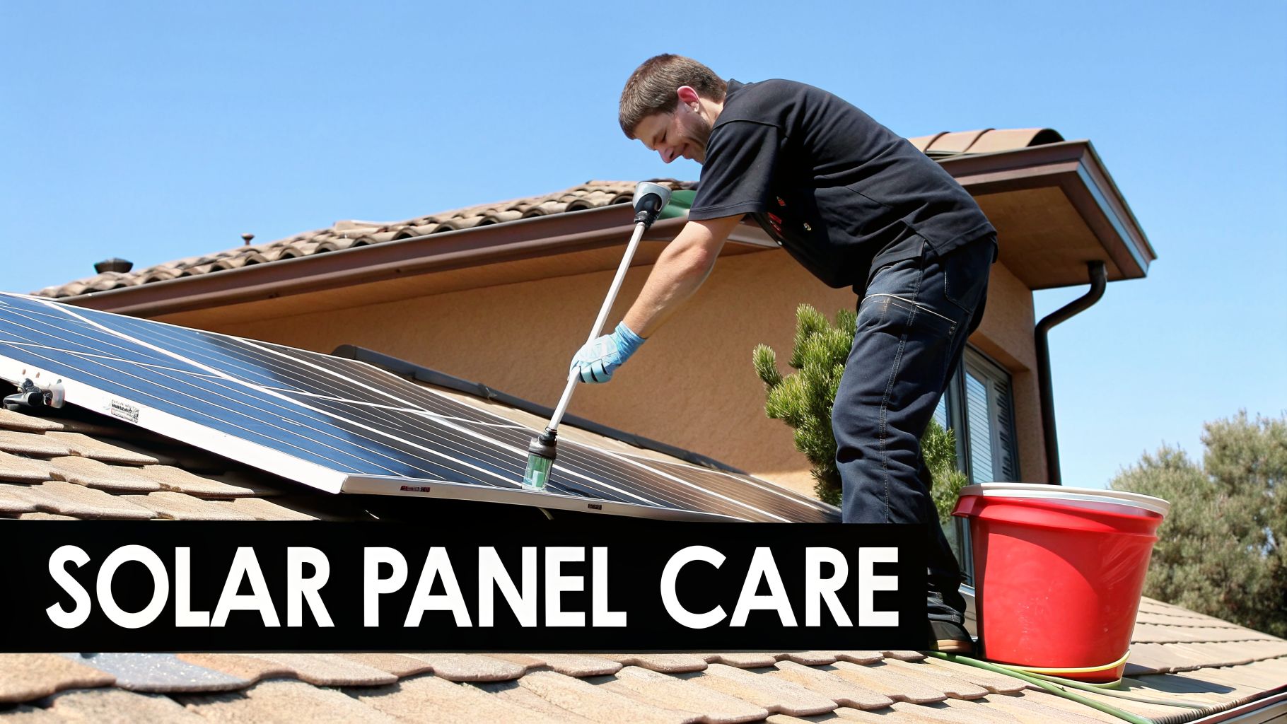 A man on a roof cleaning solar panels with a long brush and a red bucket under a clear blue sky.