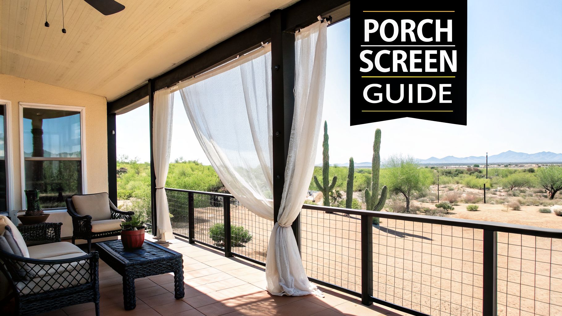 A comfortable desert porch with sheer white curtains, wicker furniture, and a view of cacti and mountains.
