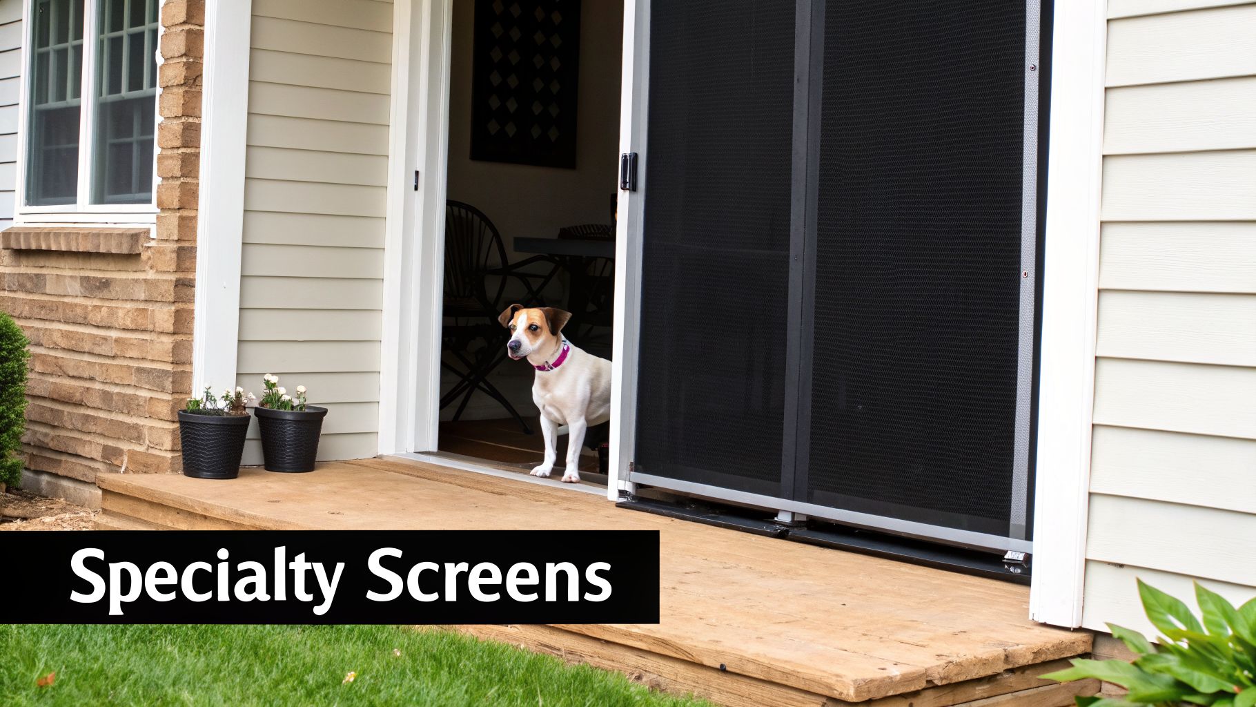 A small dog peeks from a doorway with a retractable screen door on a wooden porch, next to potted plants.