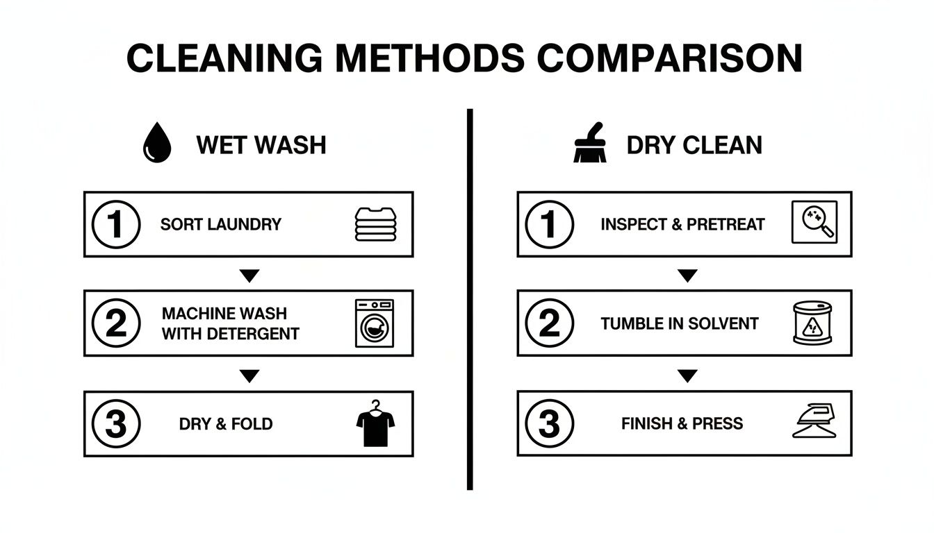 An infographic comparing the step-by-step processes for wet wash laundry and dry cleaning methods.