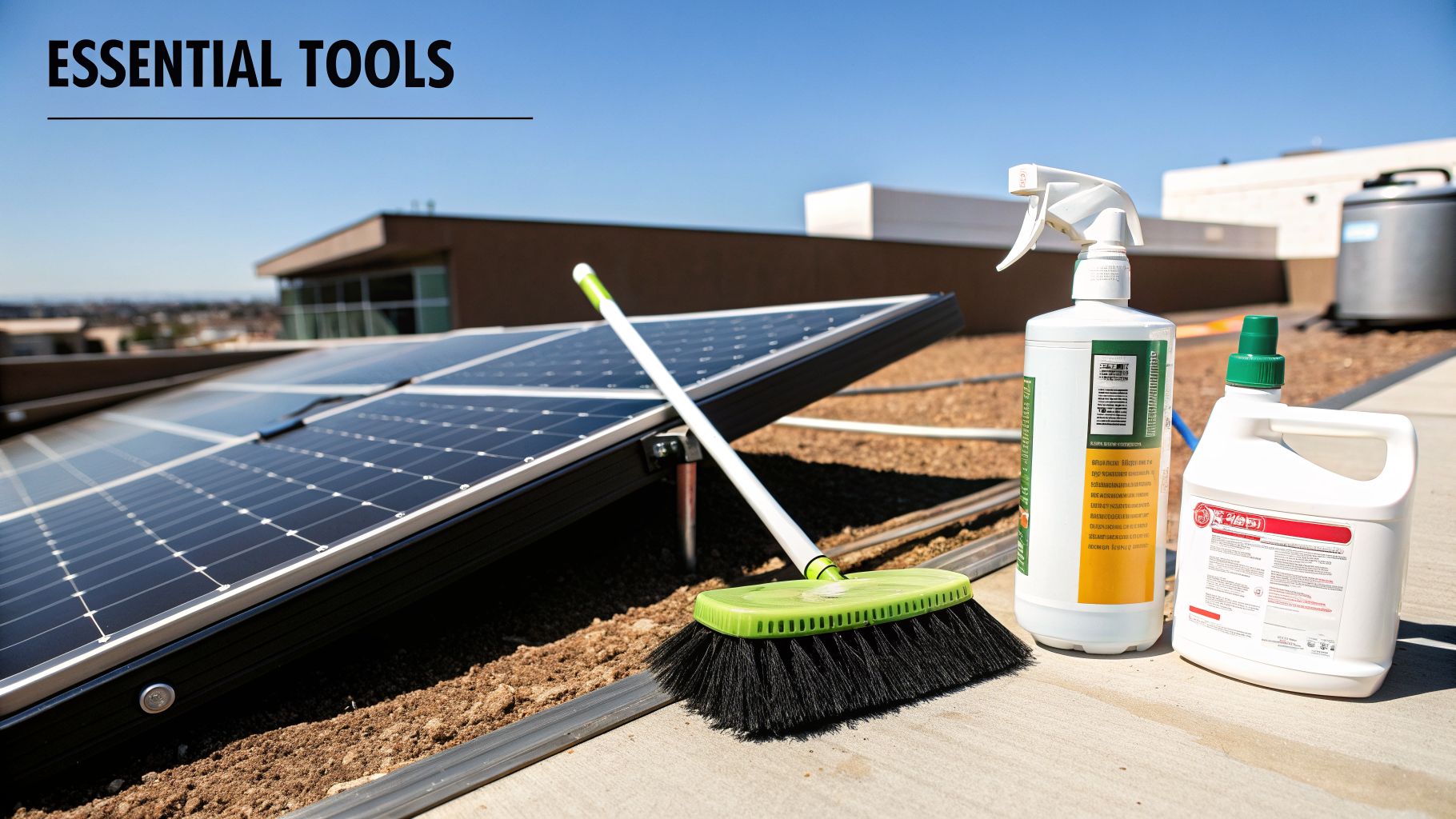 A green broom and two bottles of cleaning solution are essential tools for maintaining rooftop solar panels.