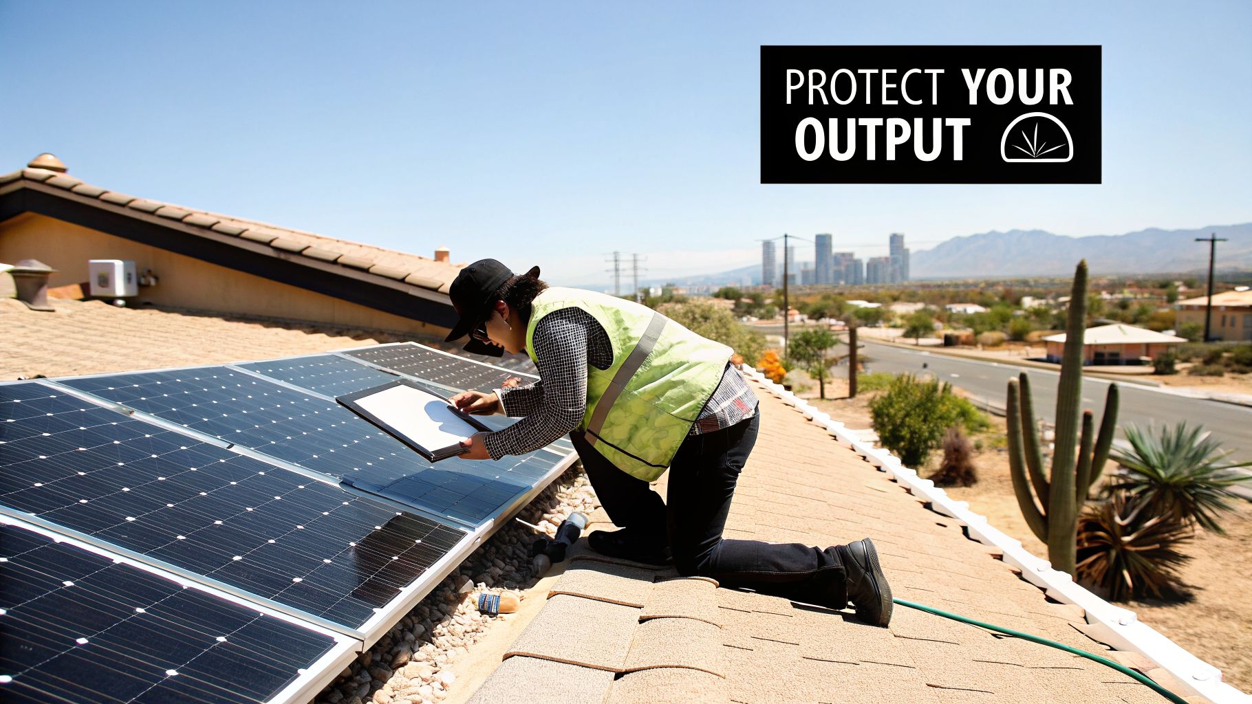 A technician in a safety vest inspects solar panels on a sunny rooftop in a desert town.