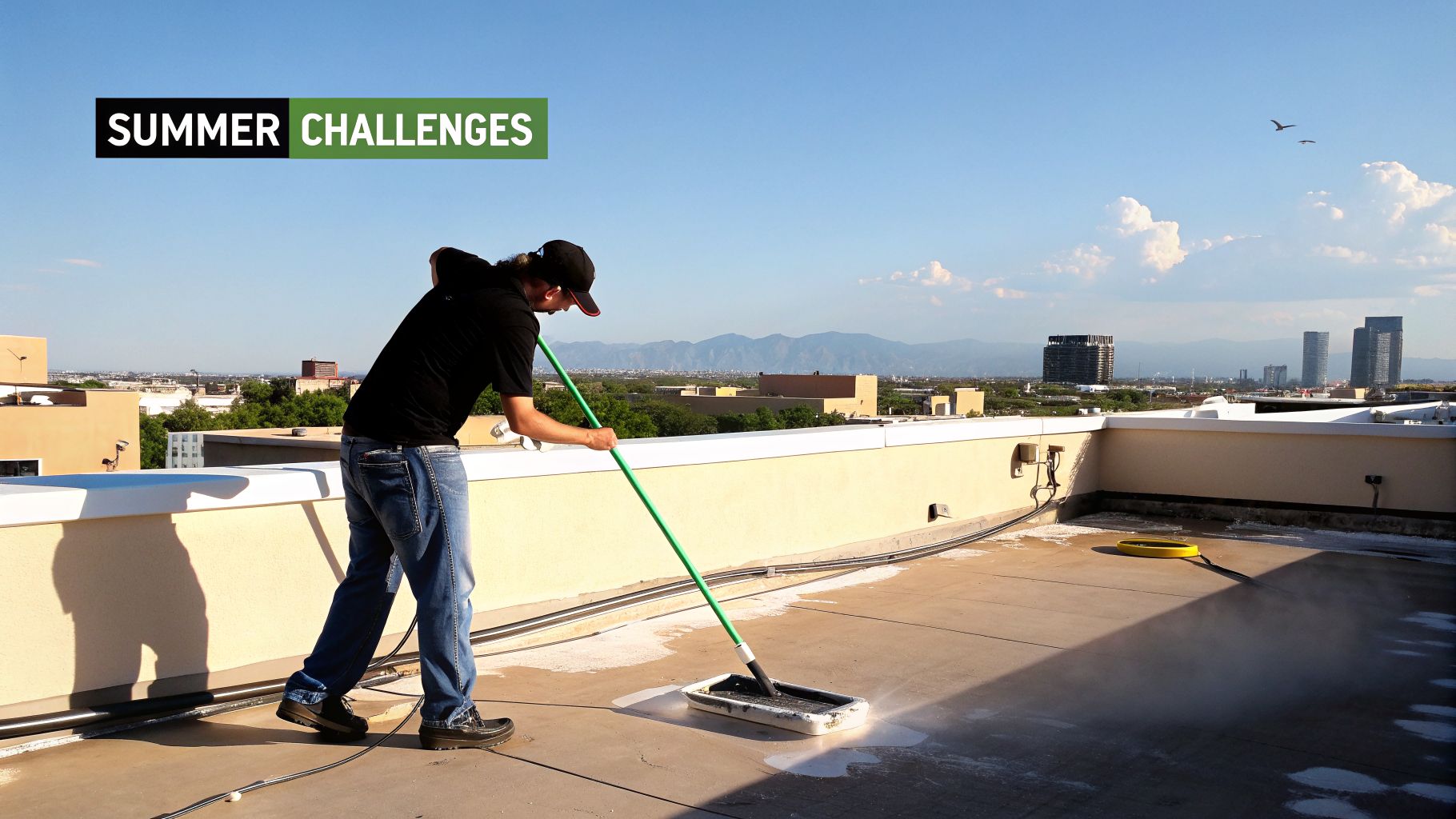 Person pressure washing a dirty rooftop, with city buildings and mountains in the background.