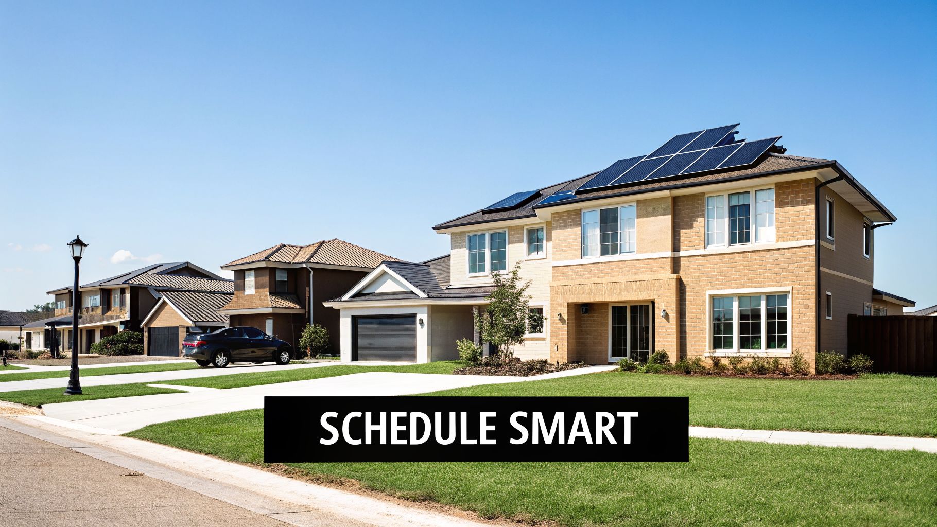 A row of modern suburban houses on a sunny day, with one featuring solar panels.