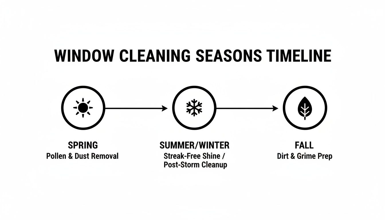 A timeline graphic outlining window cleaning tasks recommended for spring, summer/winter, and fall seasons.