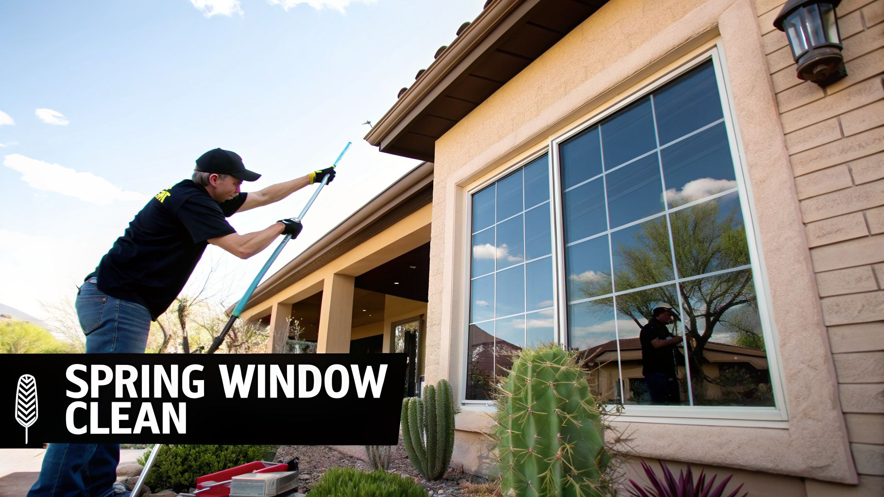 A professional window cleaner uses a long pole to wash exterior windows of a beige house.