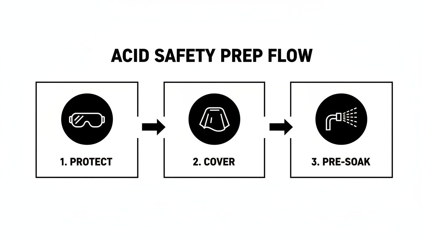 Acid safety prep flow chart with three steps: protect eyes with goggles, cover surfaces, and pre-soak with water spray.