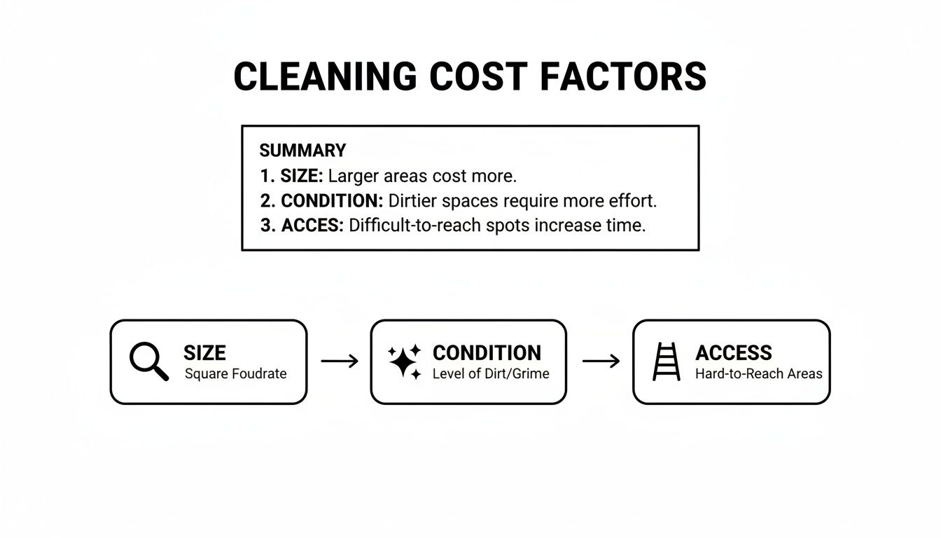Image detailing cleaning cost factors including size, condition, and access with icons.