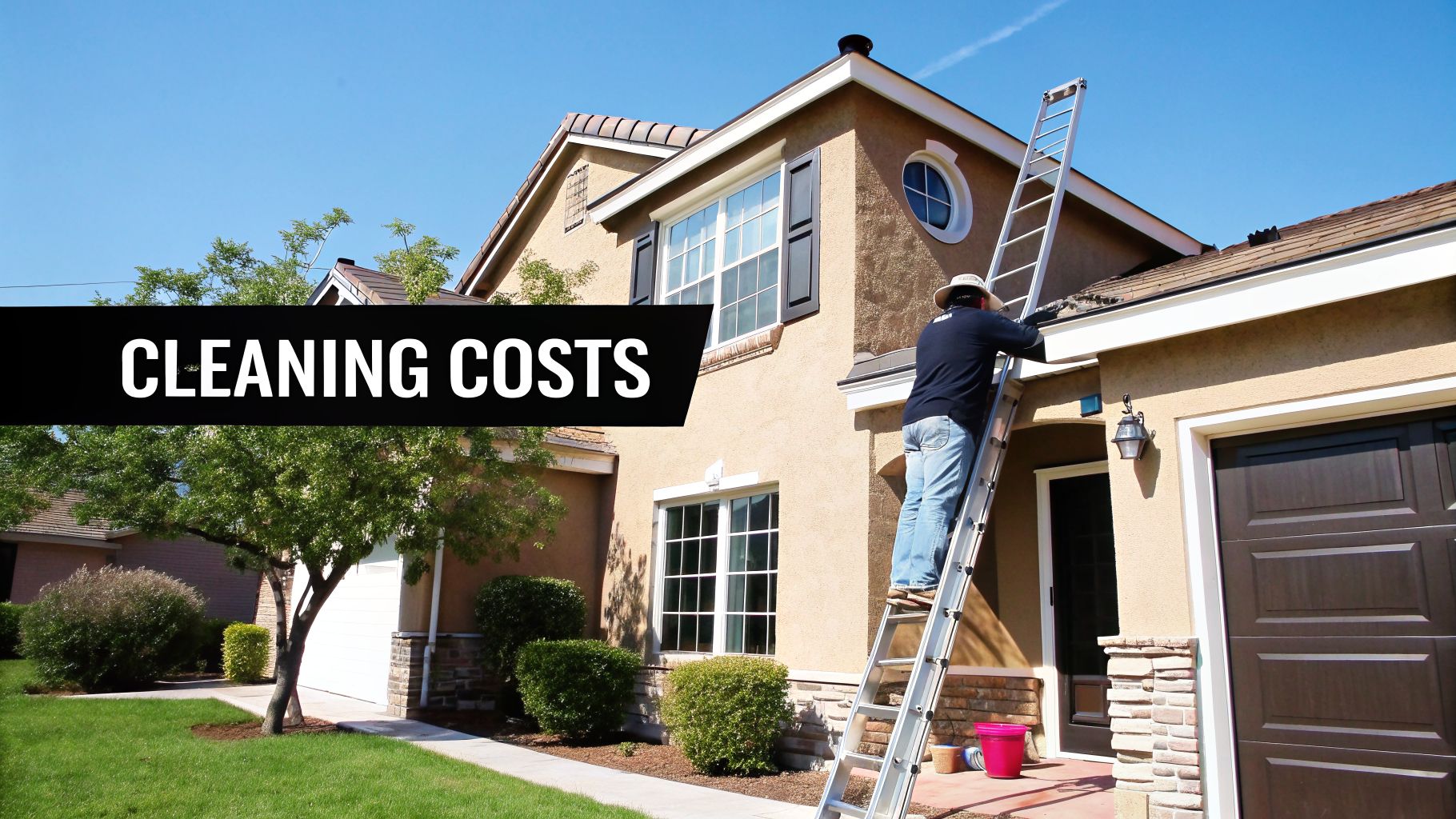 A person on a ladder cleans house gutters, illustrating 'CLEANING COSTS' for home maintenance services.