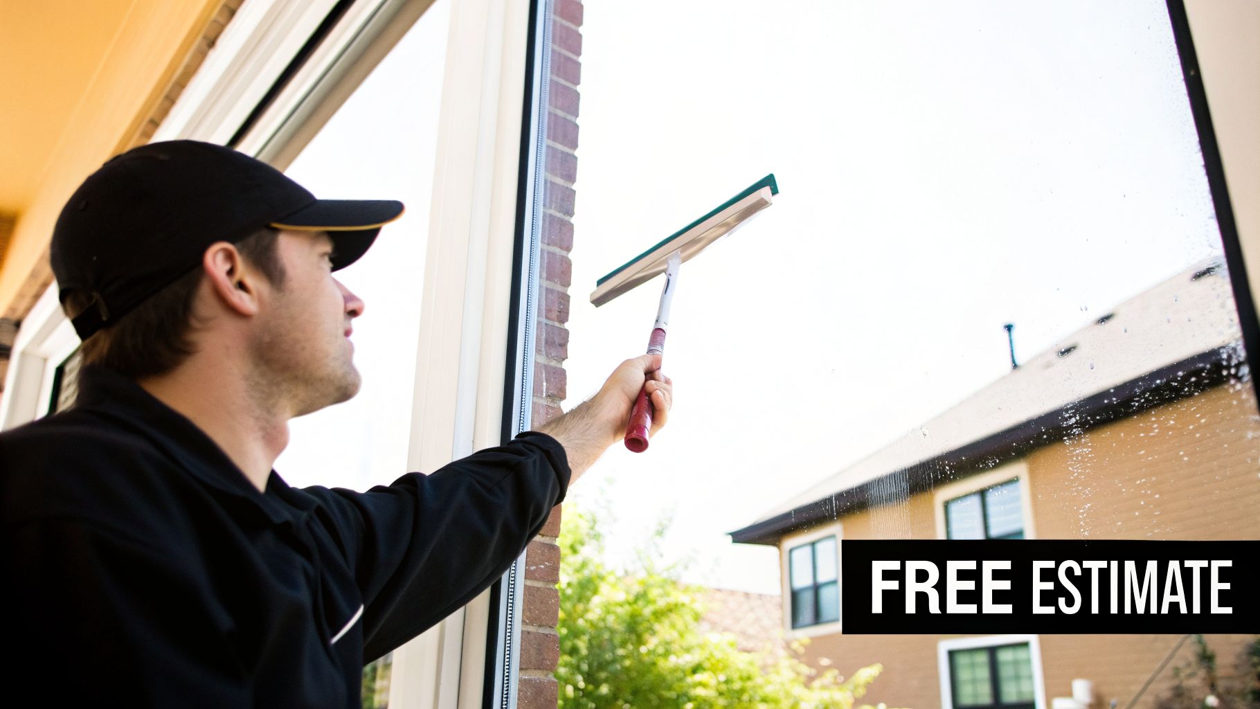 Professional window cleaner in a black uniform using a squeegee to clean a large window, with a house visible outside.