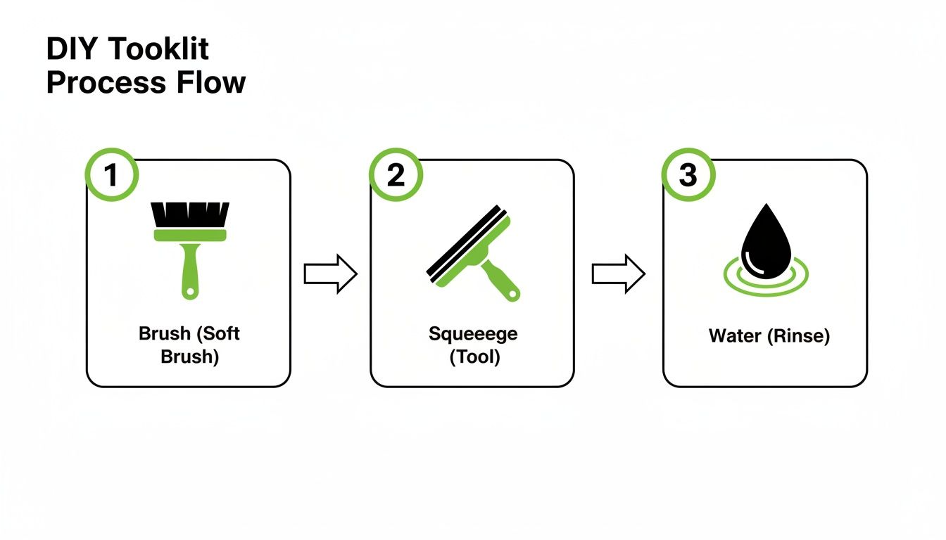 DIY cleaning process flow diagram outlining steps: brush, squeegee tool, and water rinse.