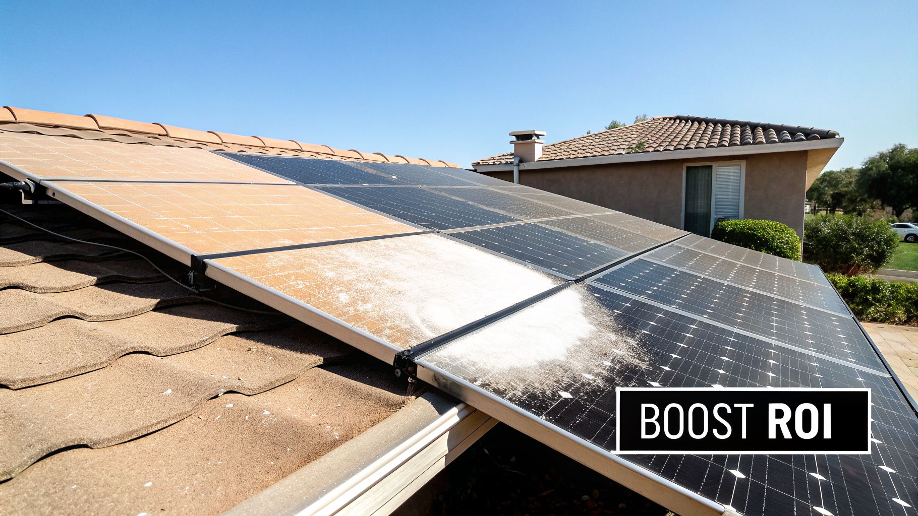 Dirty solar panels on a house roof, partially cleaned, showing the impact of dust accumulation.