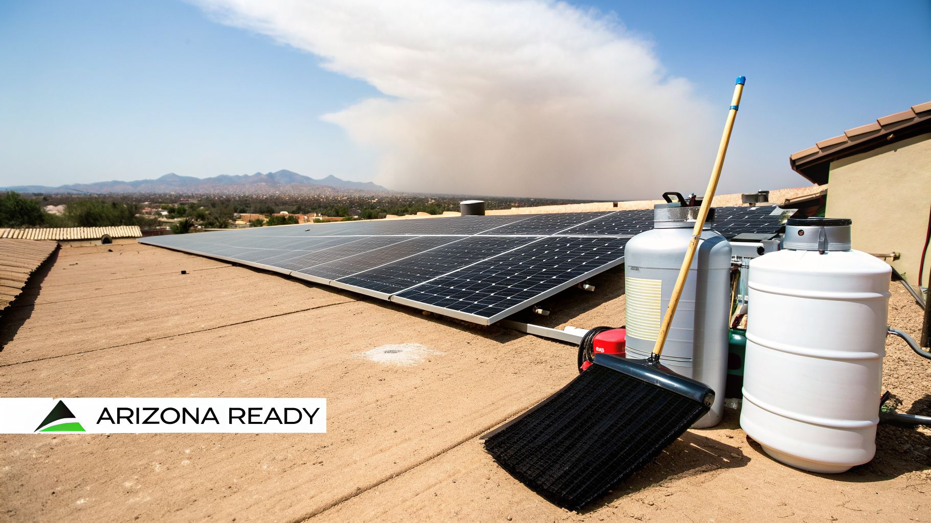 DIY solar panel cleaning on a desert rooftop with tanks, a broom, and hazy mountains.