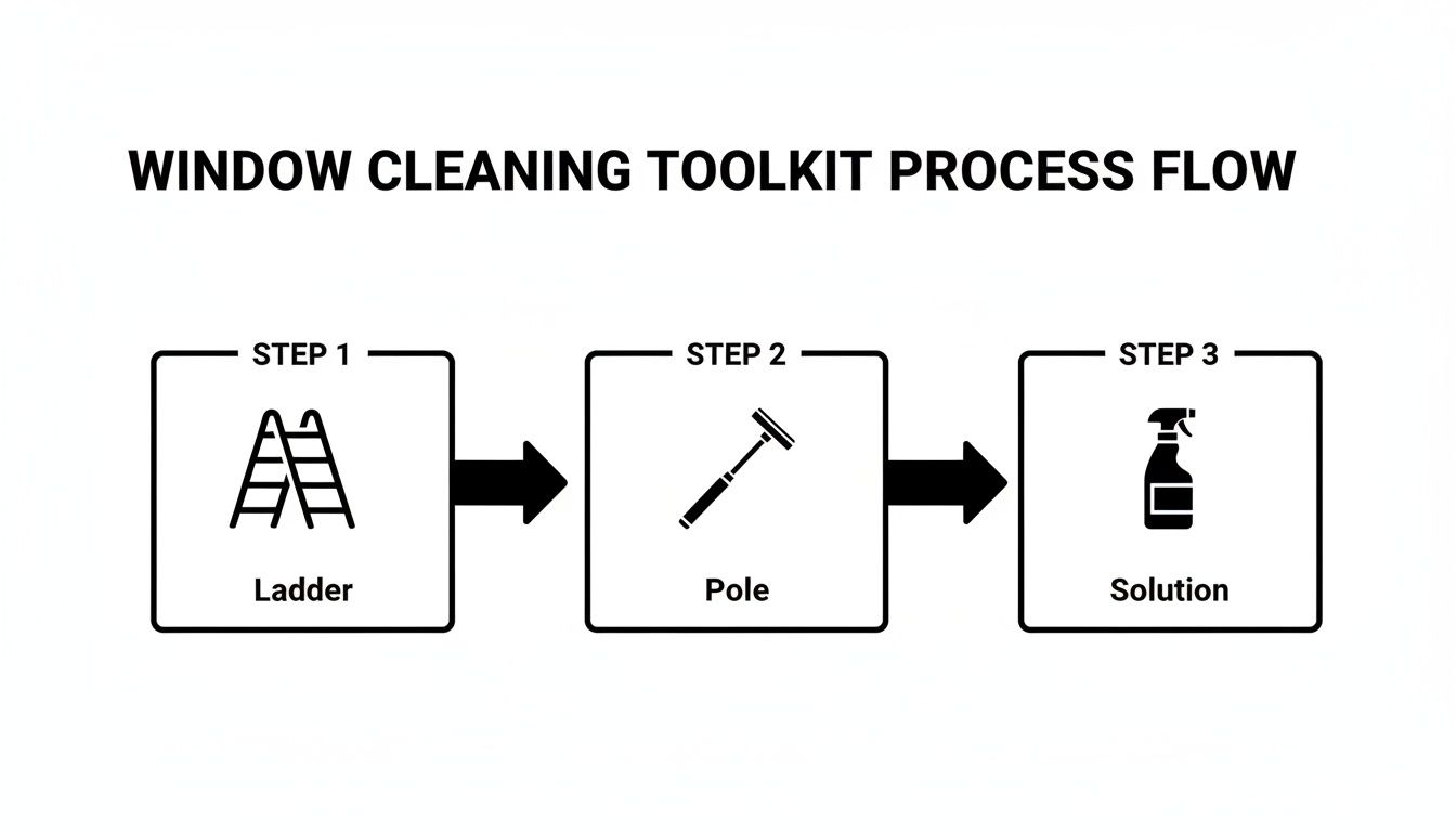 A three-step process flow for window cleaning featuring a ladder, pole, and cleaning solution.