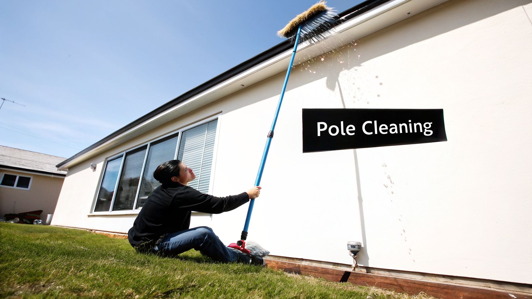 A person uses a long pole brush to clean the exterior of a white house, splashing water.