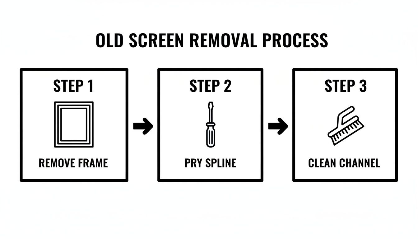 Three steps for old window screen removal: remove frame, pry spline, and clean the channel.