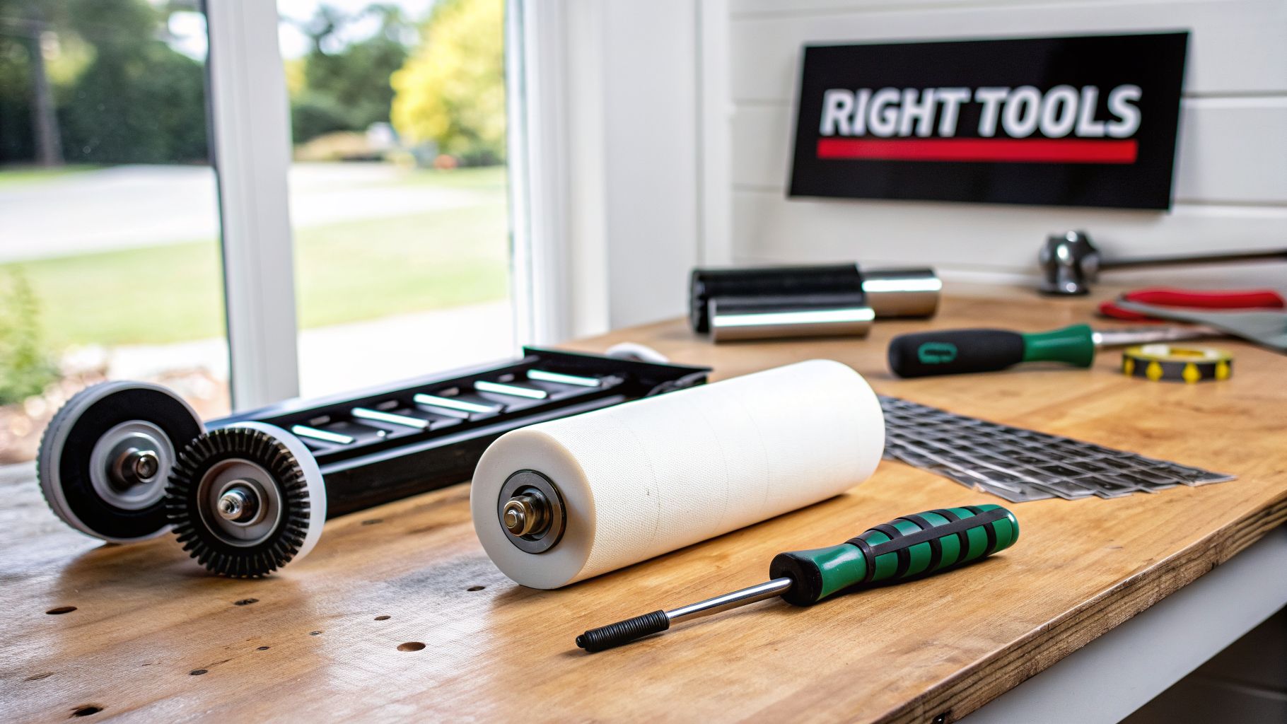 Various tools and screen replacement components on a wooden workbench, including mesh, rollers, and screwdrivers.