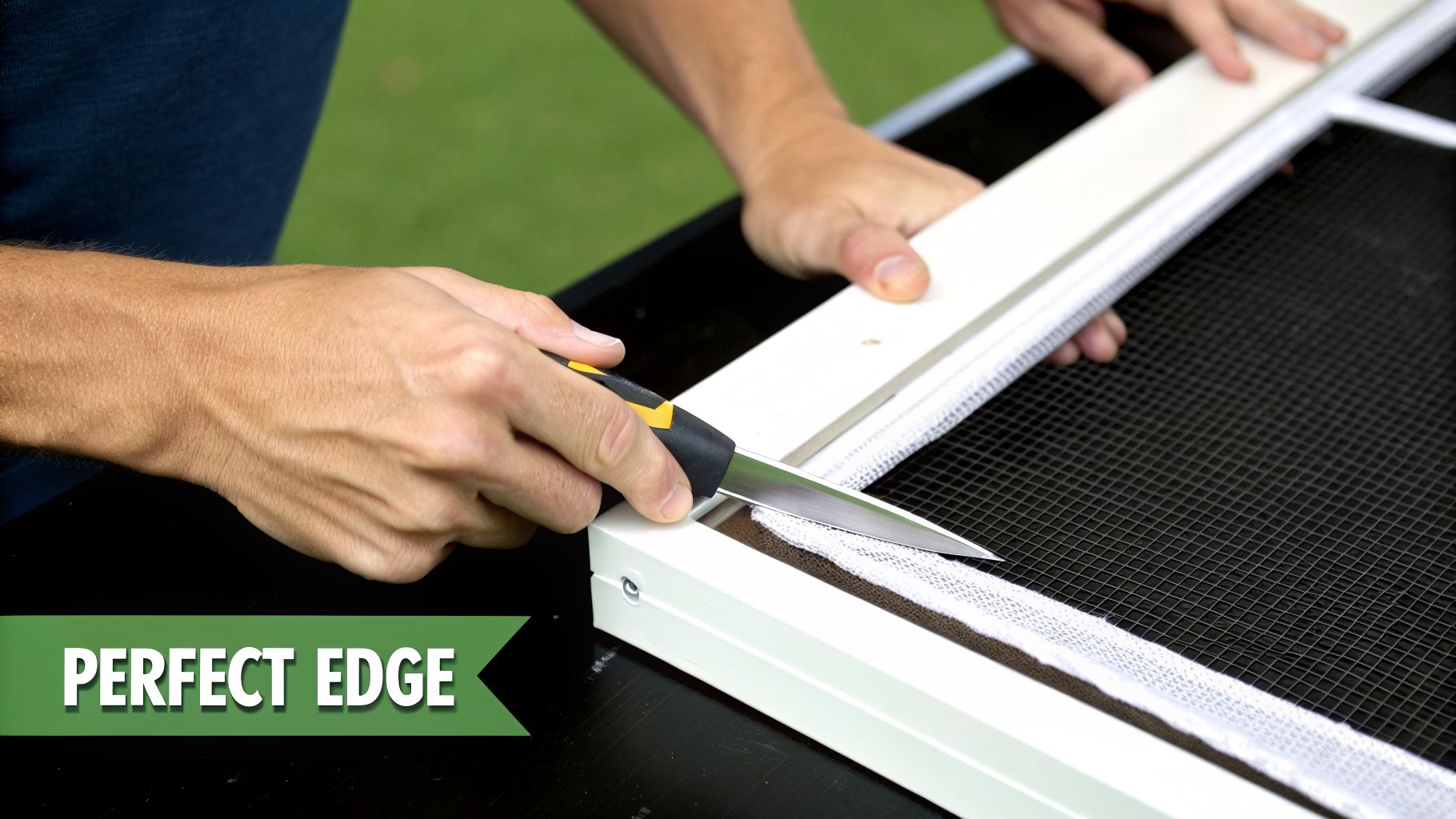 Person precisely cutting a window screen mesh with a knife for a perfect edge.