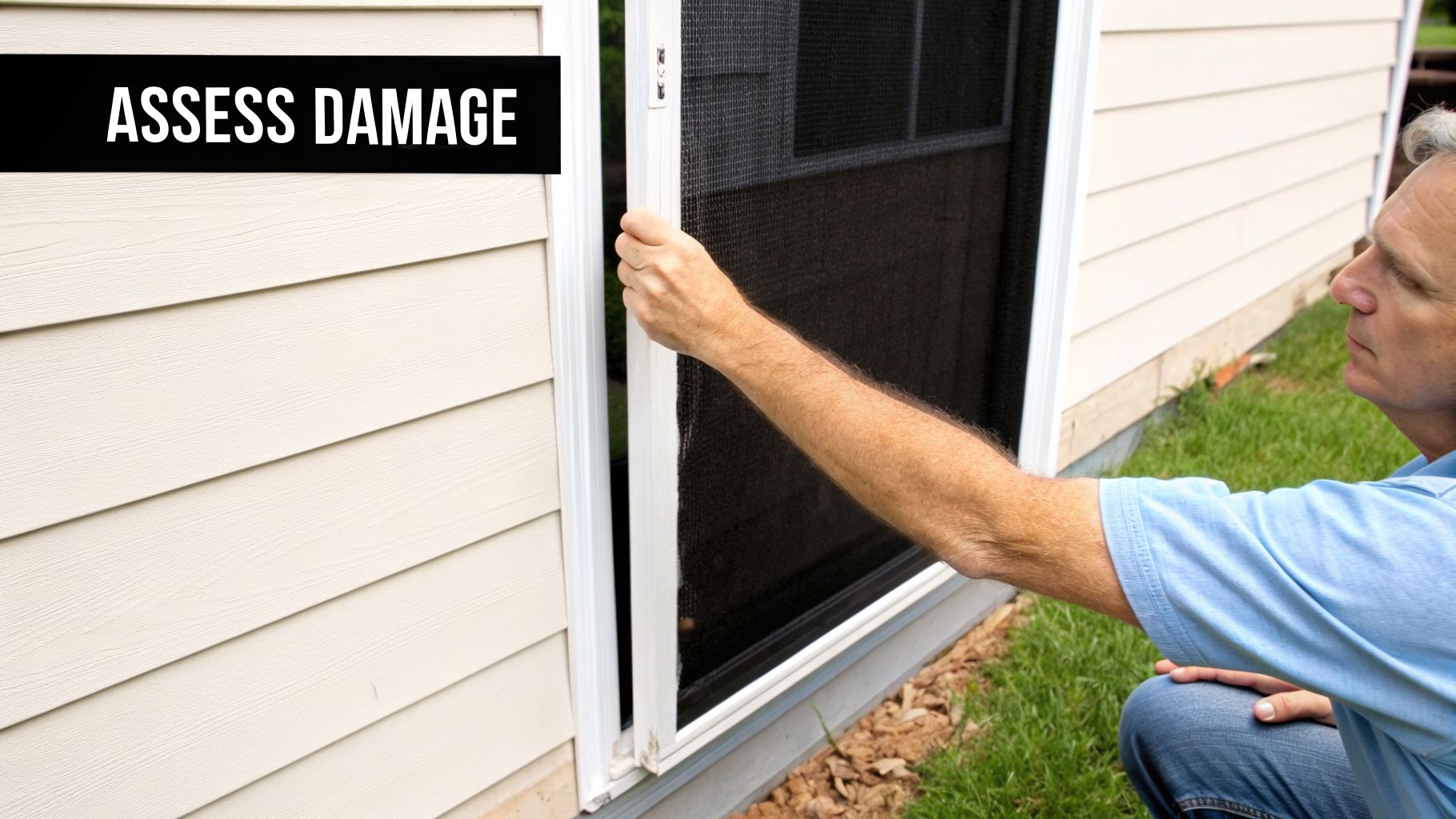 A man inspects a screen door or enclosure next to a house, assessing potential damage.