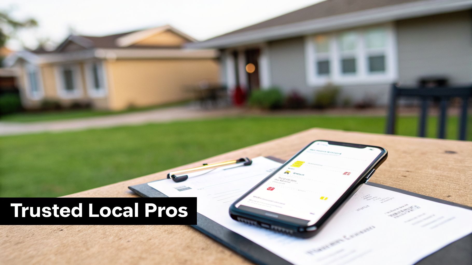 A smartphone on a clipboard displaying trusted local pros for home window and screen repair.