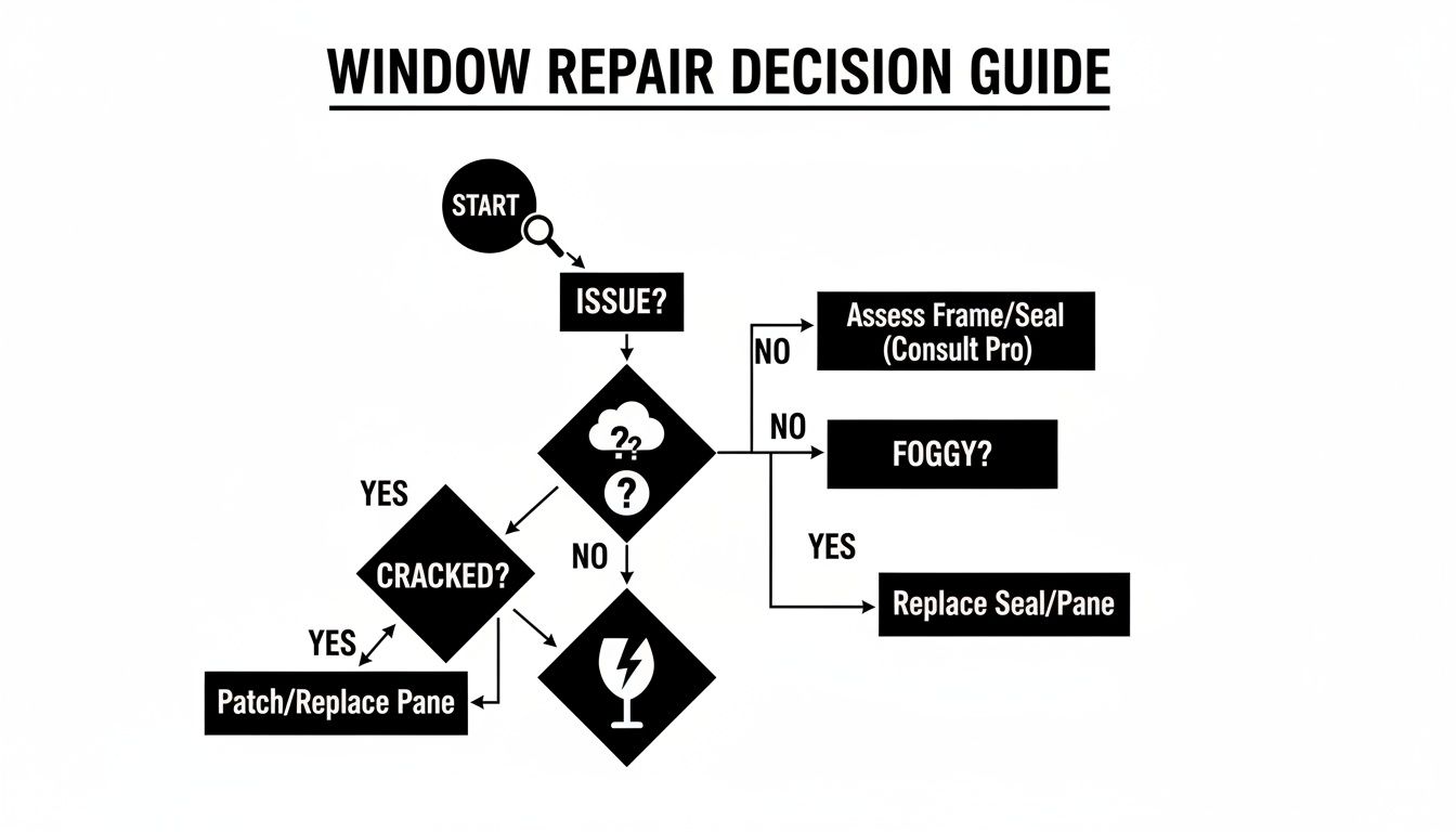 A flowchart outlining window repair decisions, guiding users through issues like cracks, fog, and replacement.