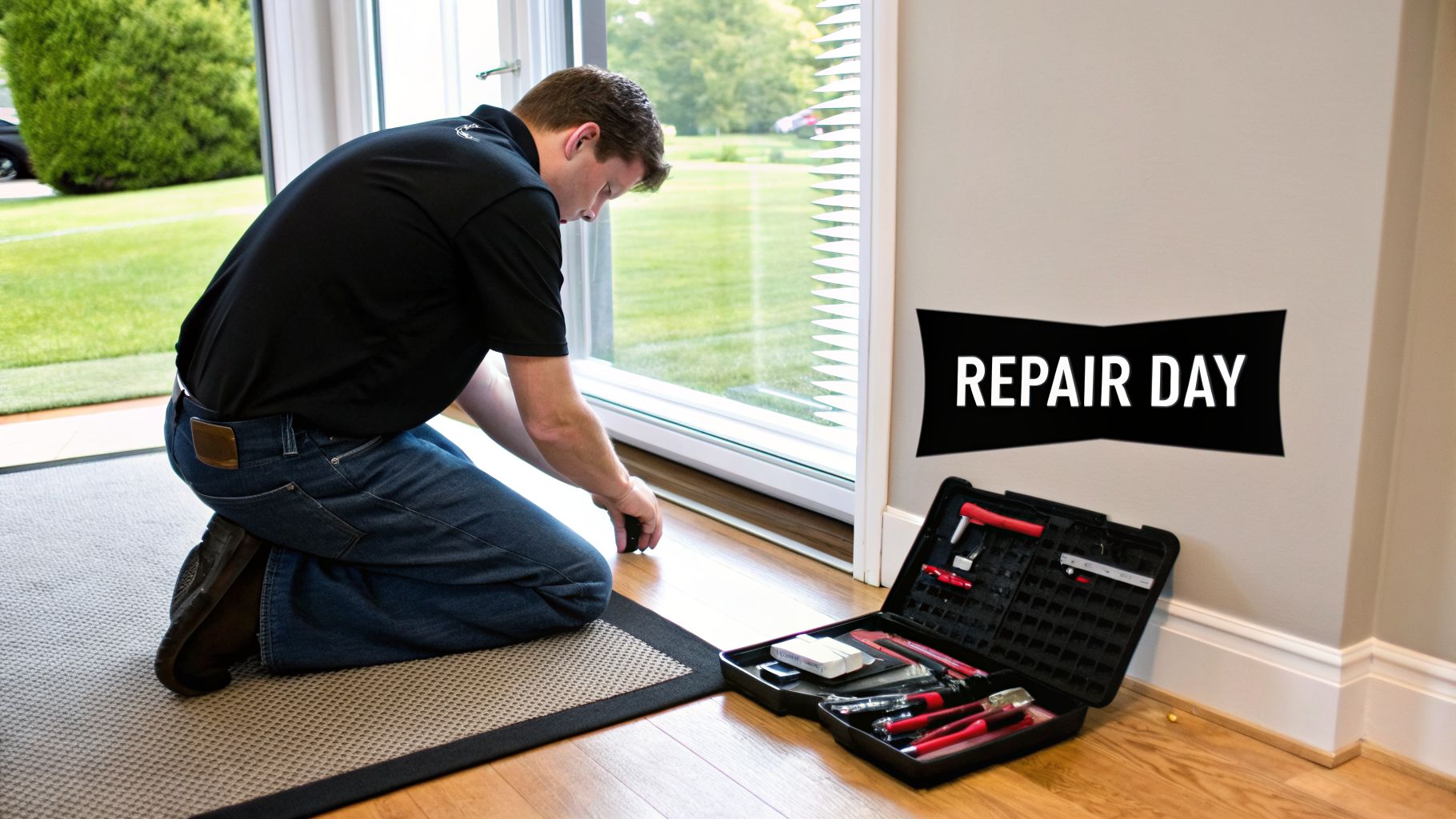 A man kneels, repairing a window frame with tools from an open toolbox on a 'REPAIR DAY'.