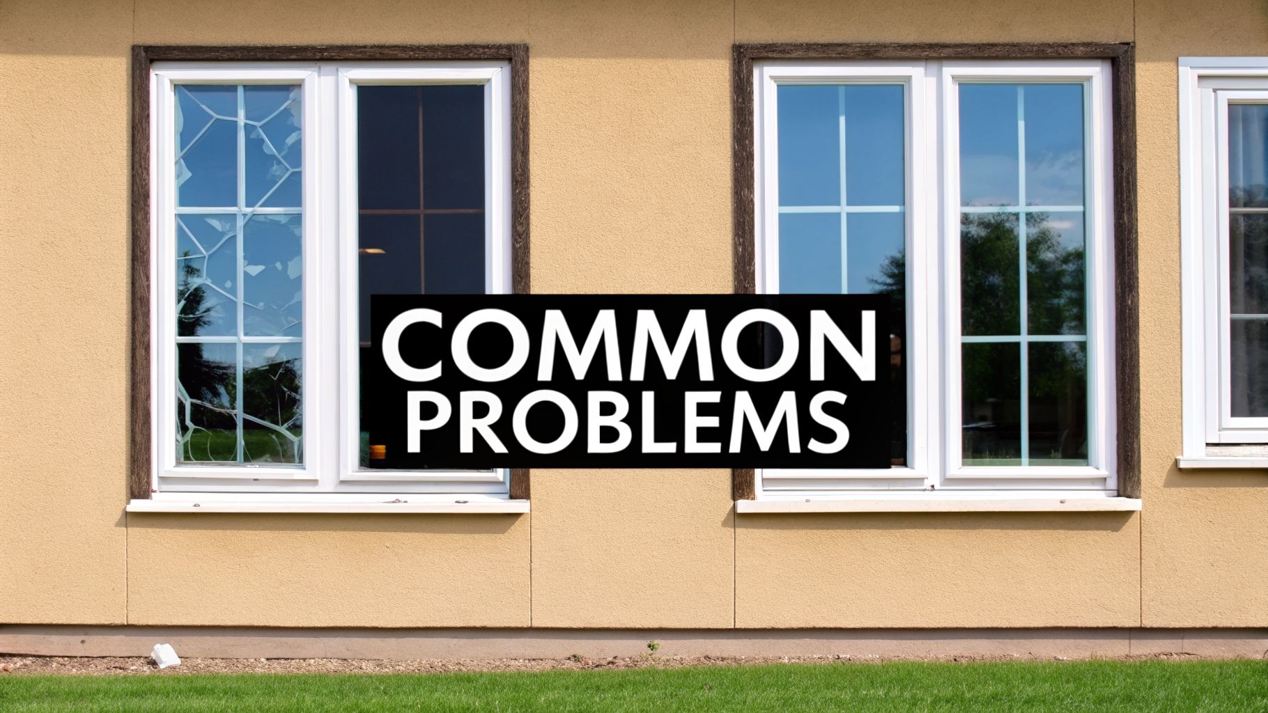 A house exterior with three windows, one of which is shattered, under a 'COMMON PROBLEMS' banner.