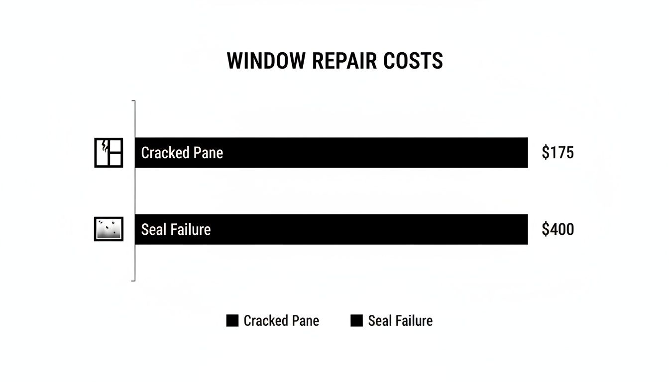 Bar chart displaying window repair costs for cracked pane and seal failure.