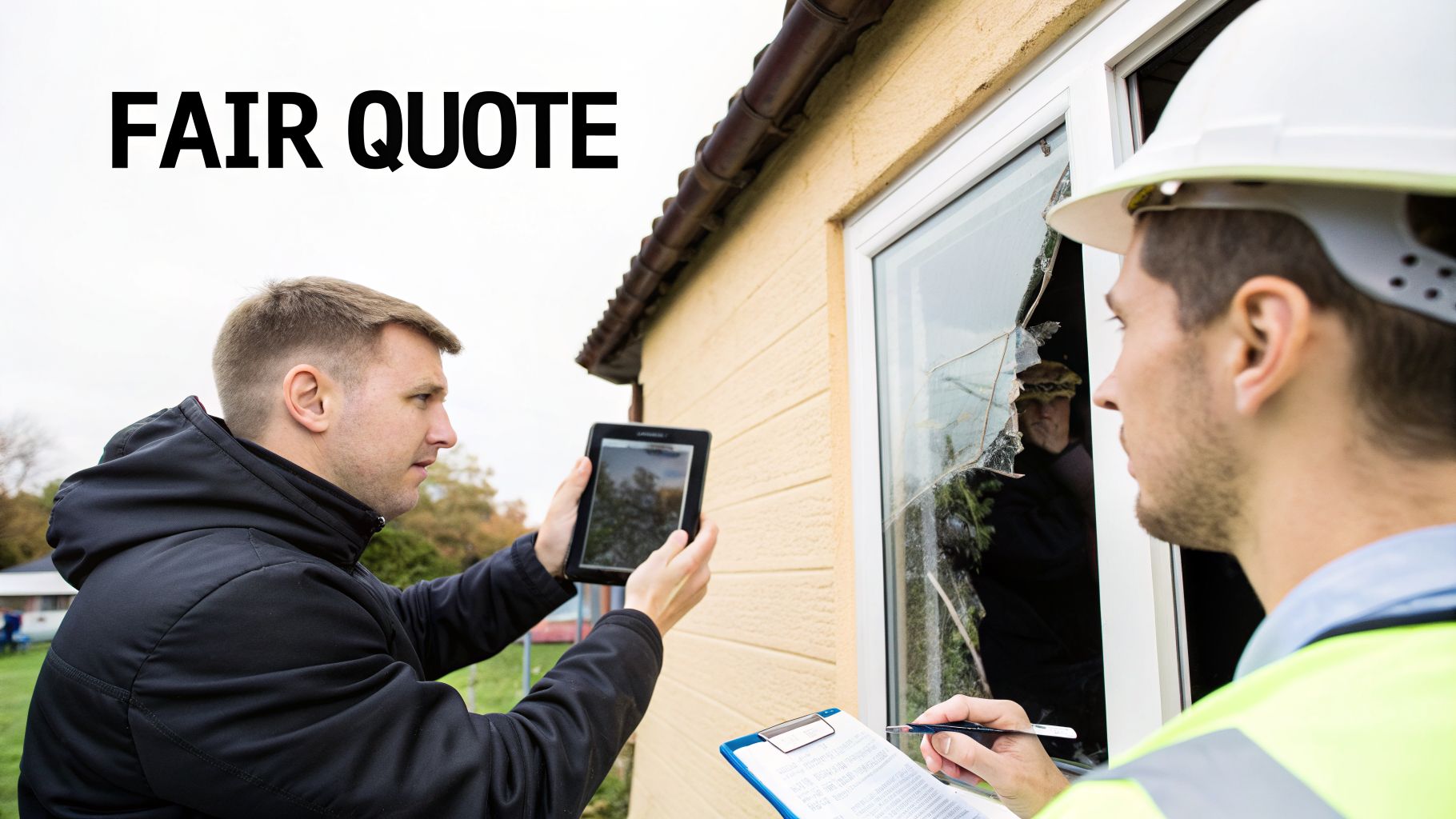 Two men, one with a tablet and another with a clipboard, inspecting a broken window for a repair quote.