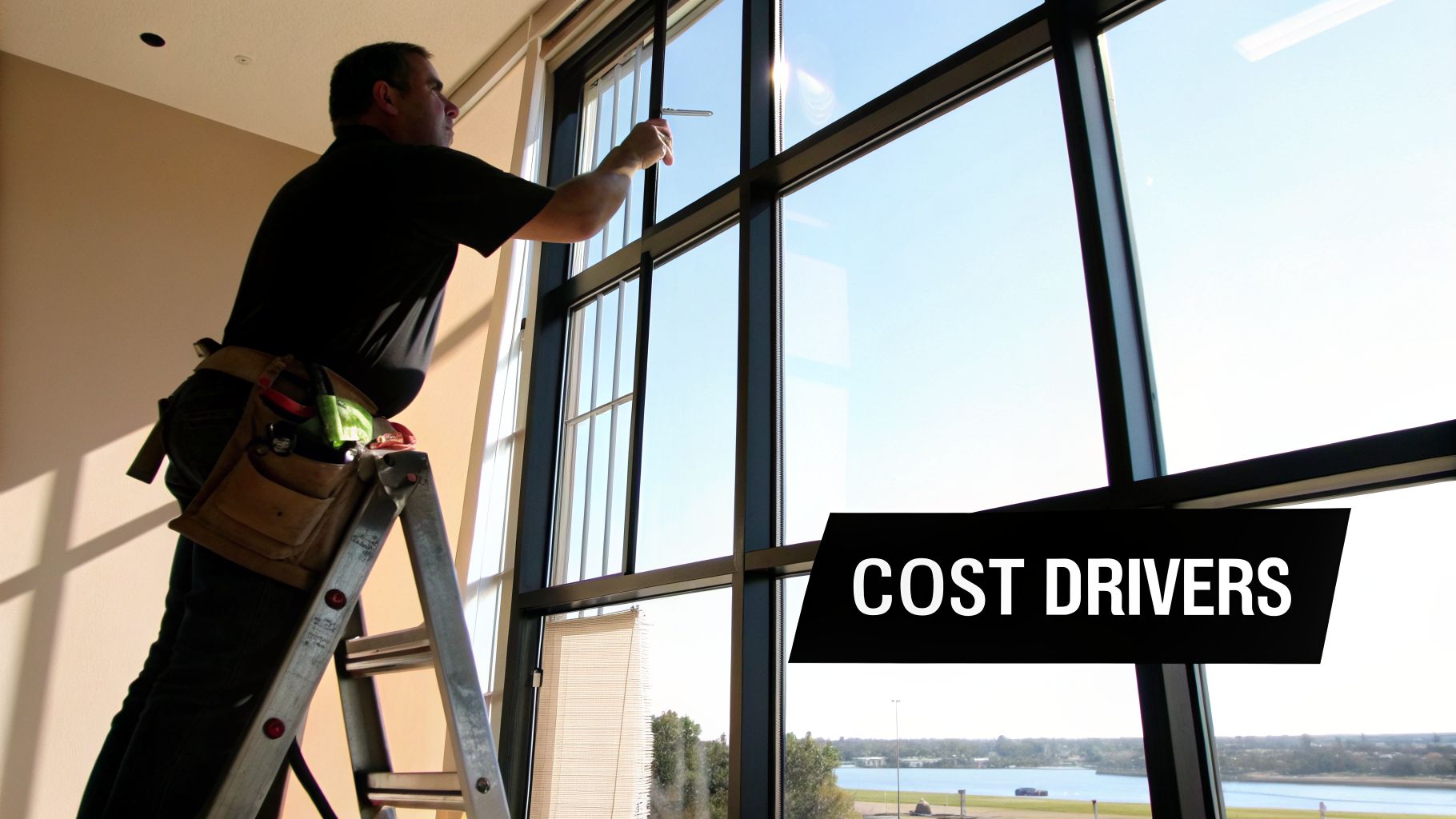 A man on a ladder performing window repair on a large pane overlooking a lake.