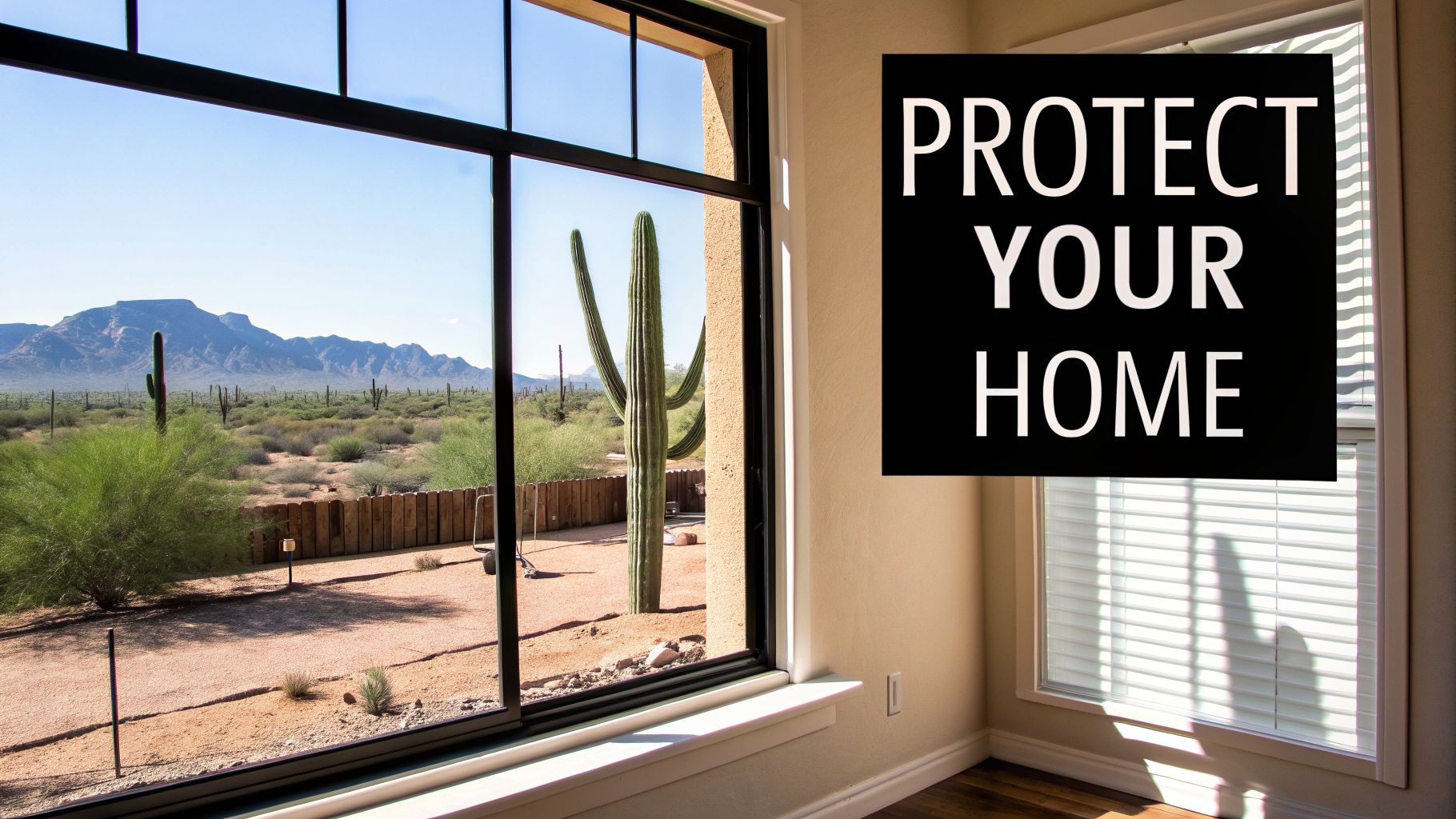 View from a large window showcasing a desert landscape with mountains and a saguaro cactus. Text reads 'PROTECT YOUR HOME'.