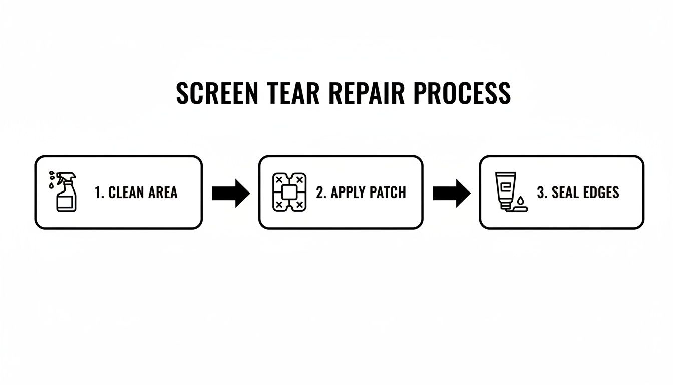 A three-step diagram illustrating the screen tear repair process: clean area, apply patch, and seal edges.