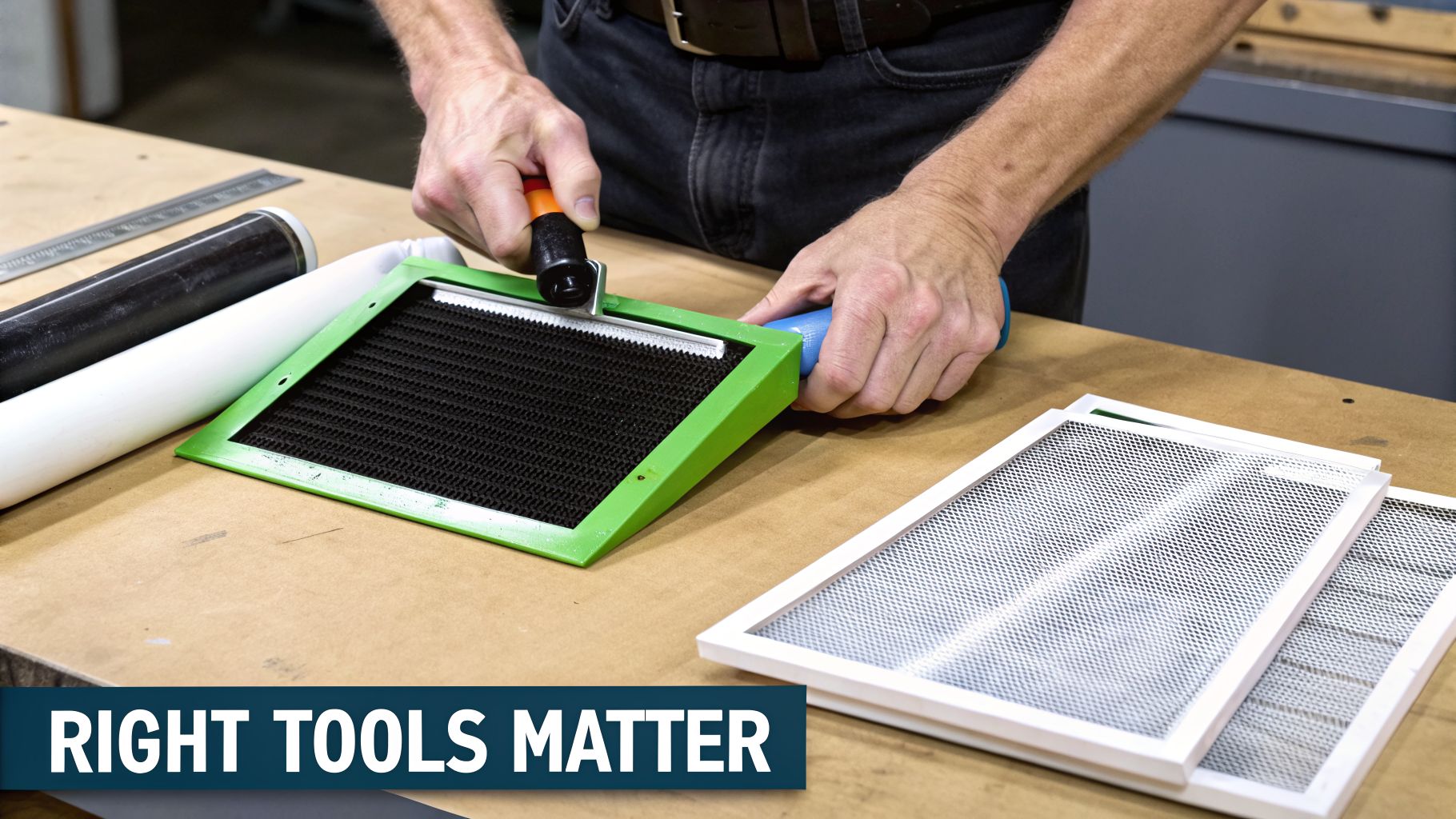 Close-up of a person using a screen roller tool to install mesh into a green frame.