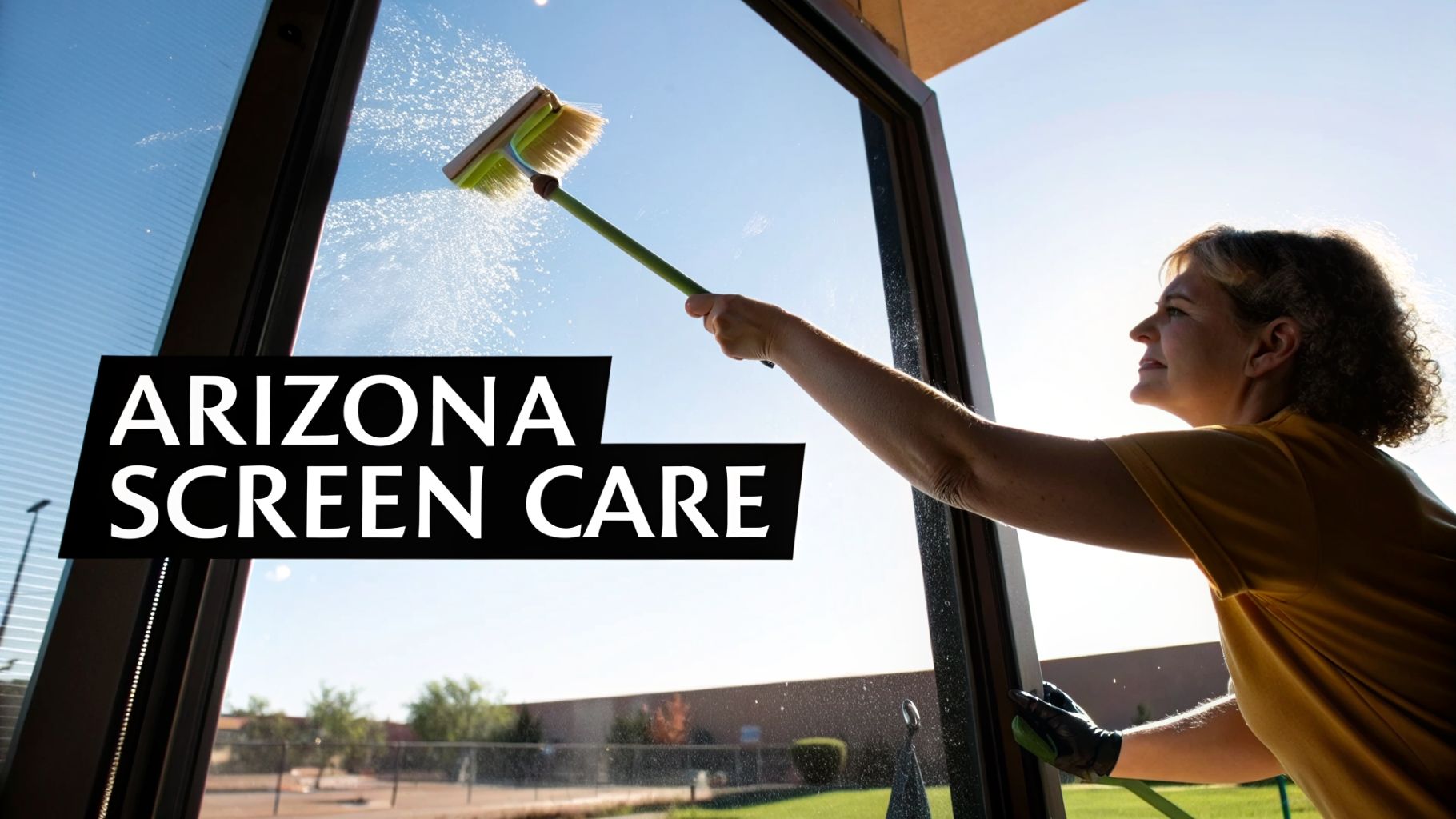 A woman wearing a yellow shirt and glove cleans a large window with a brush and water.