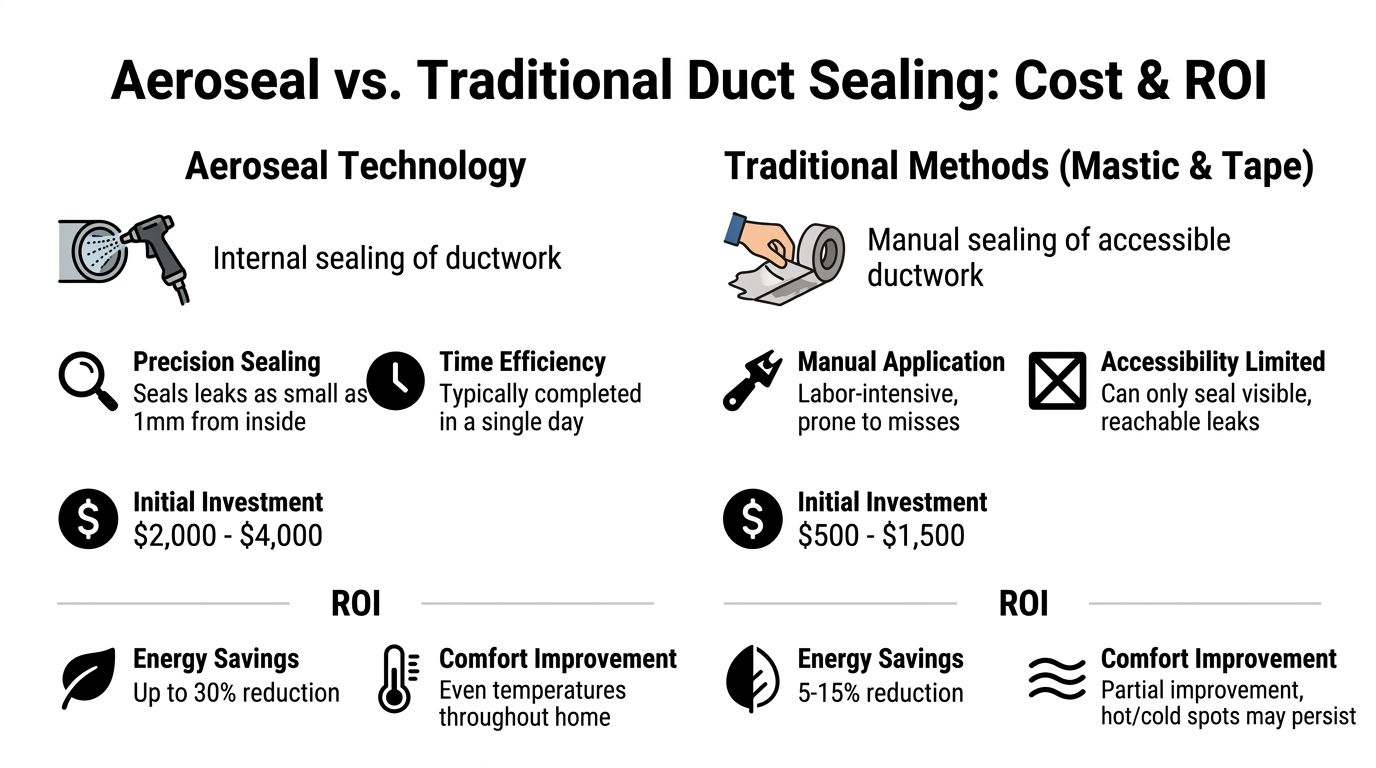 A comparison chart showing the differences in cost and efficiency between Aeroseal and traditional duct sealing methods.