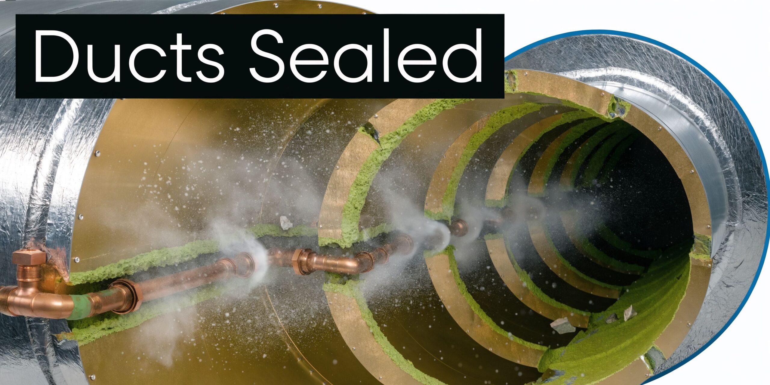 A cross-section view of industrial ductwork being sealed with a mist-like aerosol sealant inside a pipe.