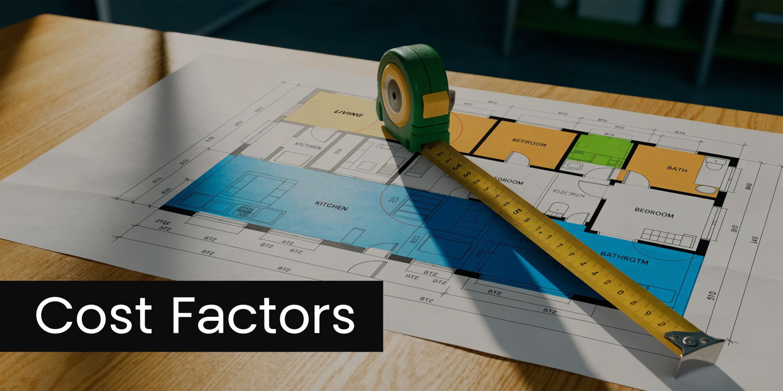 A tape measure resting on a detailed architectural floor plan blueprint of a residential house design.