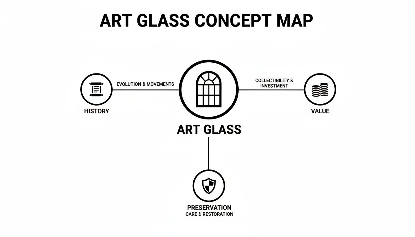 A concept map outlines Art Glass, its history, value, and preservation, including evolution, collectibility, and care.