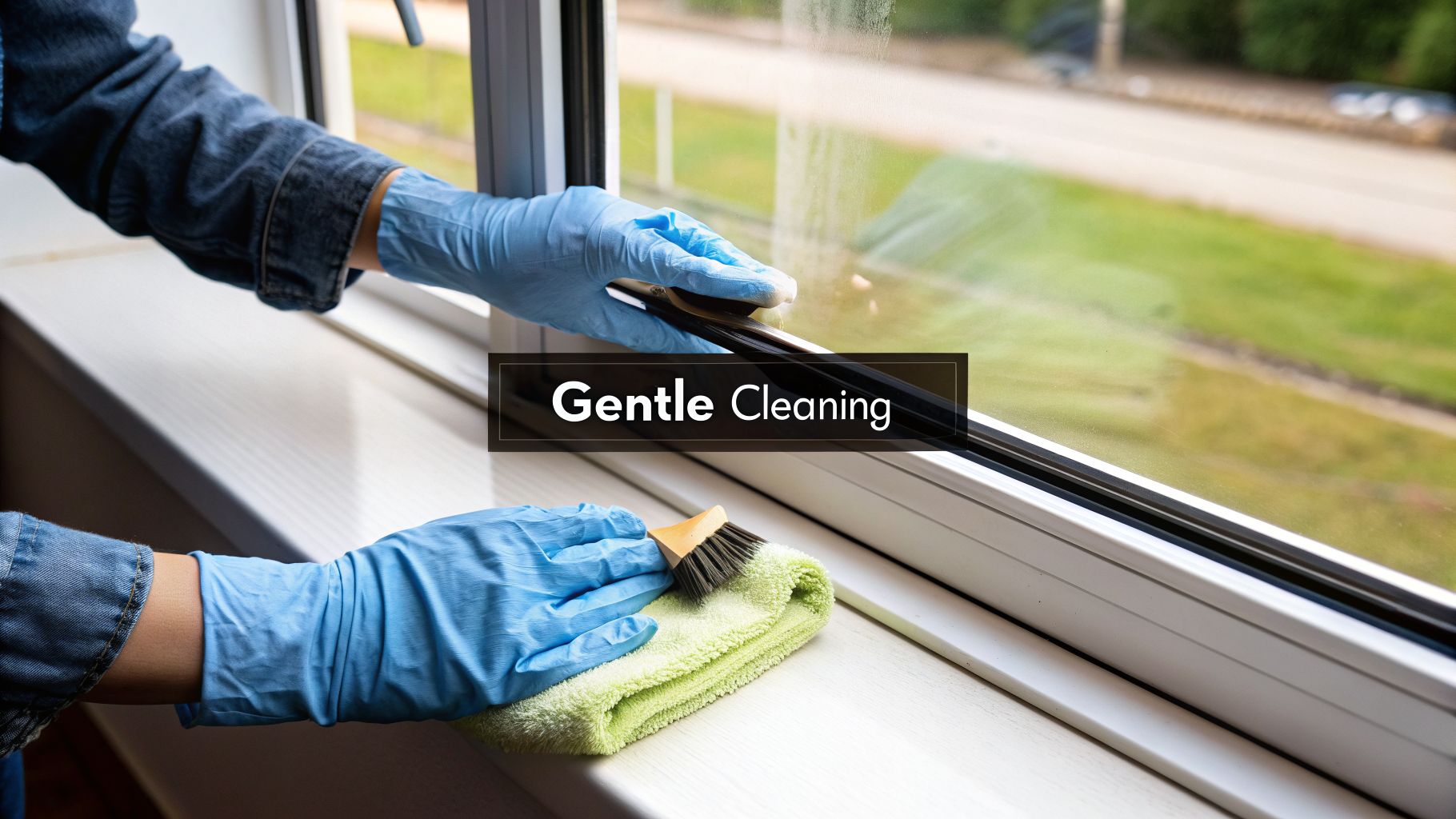 Person in blue gloves cleaning a window with a squeegee and brushing the sill with a cloth.