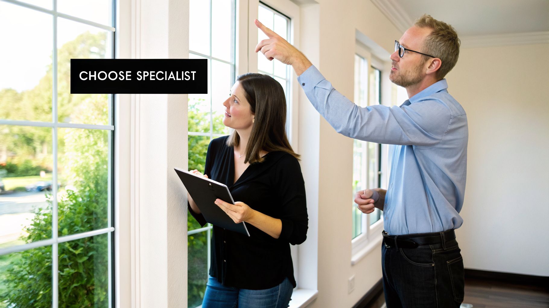 Two specialists, a man and a woman, inspect large windows in a bright room, the man pointing up.