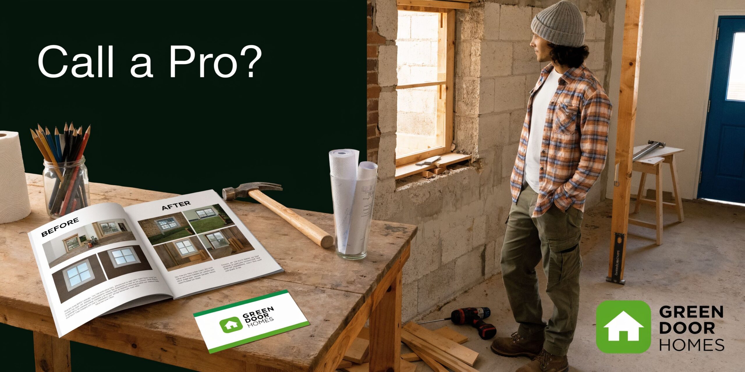 A man looks at a construction project in a room with renovation materials and a home brochure.