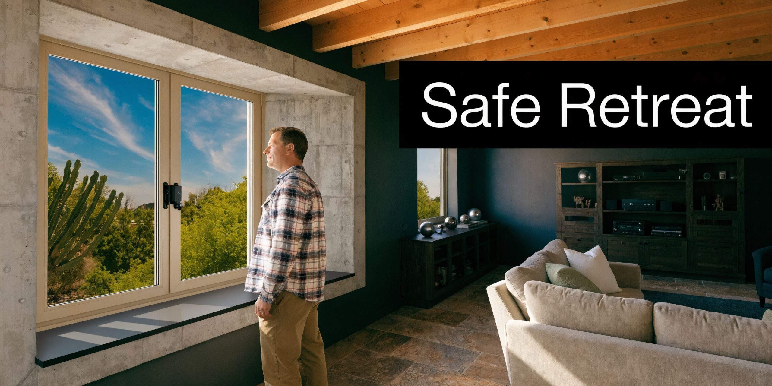 A man stands in a modern home looking through a large basement egress window at nature.