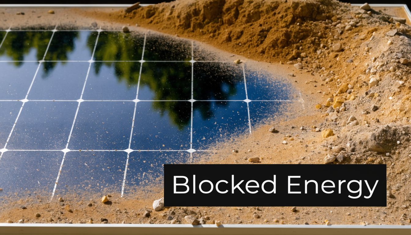A dirty solar panel partially covered with sand and debris, illustrating the need for maintenance and cleaning.