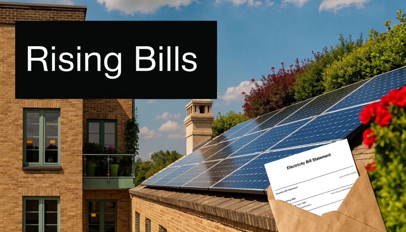 An electricity bill statement placed on a brick house roof with solar panels against a blue sky.