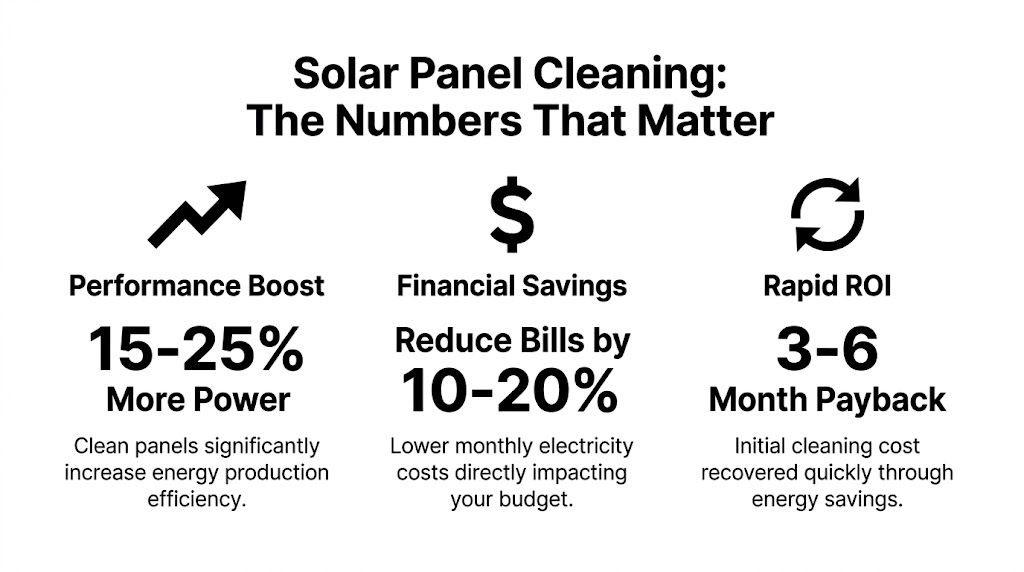 An infographic detailing the financial and performance benefits of professional solar panel cleaning services.